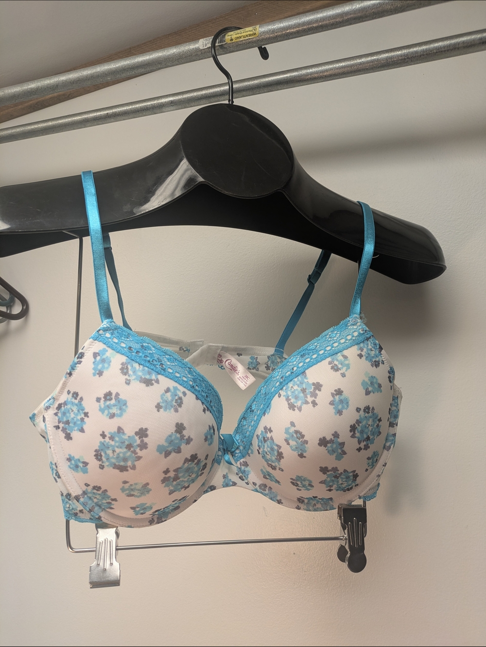 38C Candie's PUSH UP Bra Blue Floral Bra with Lace Trim, see through mesh back